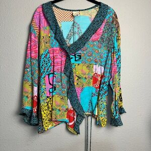 f.b. Malik XL Artsy Mixed Media Patchwork Vibrant Print V-Neck Ruffle Trim Tunic